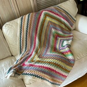 Vintage crocheted knit blanket afghan granny hand knit multi colored 58”x73”